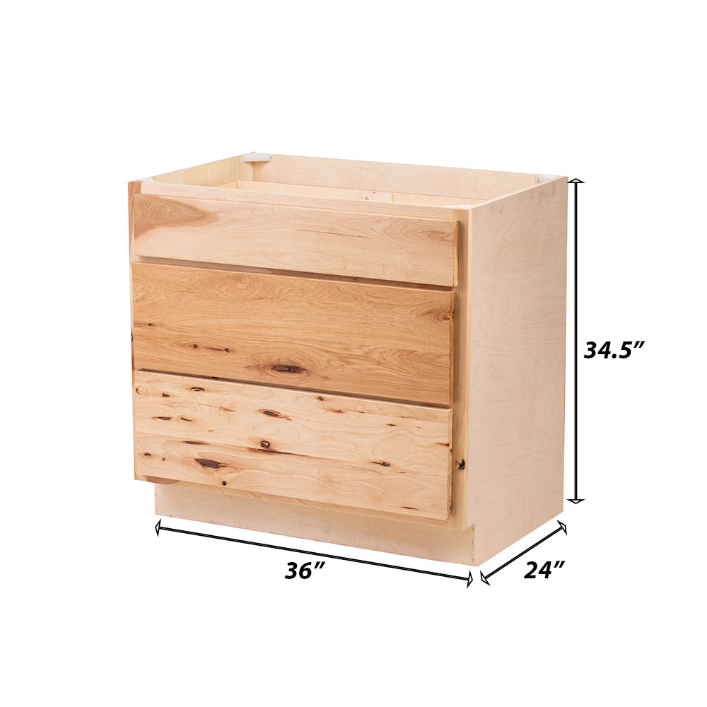 Backwoods Cabinetry RTA (Ready-to-Assemble) B36.3D - Raw Hickory 3 Drawer 36" Pots and Pans Base Cabinet | 36"Wx34.5"Hx24"D