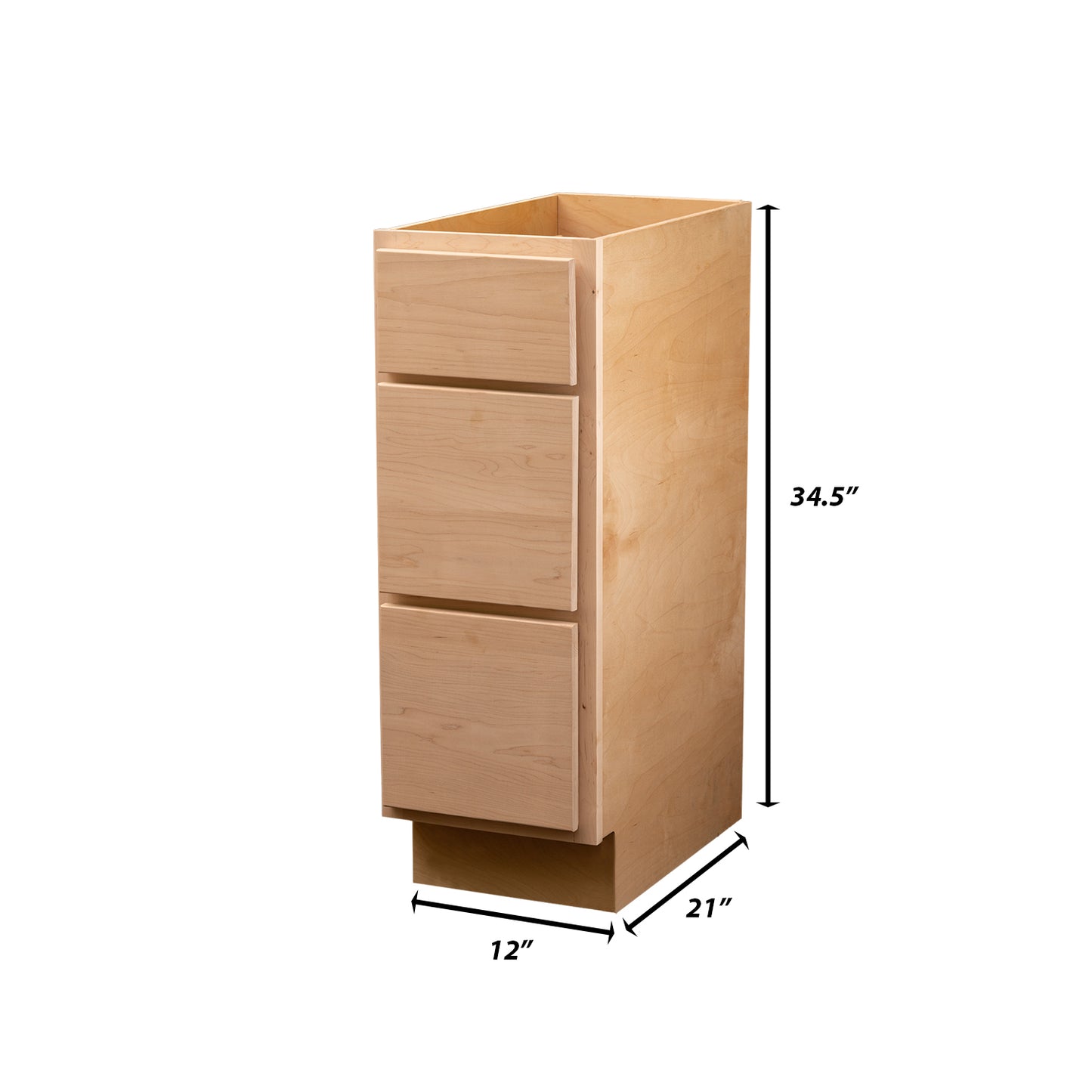 Backwoods Cabinetry RTA (Ready-to-Assemble) VB1234.21.3D - Raw Maple 3 Drawer Vanity Base Cabinet | 12"Wx34.5"Hx21"D