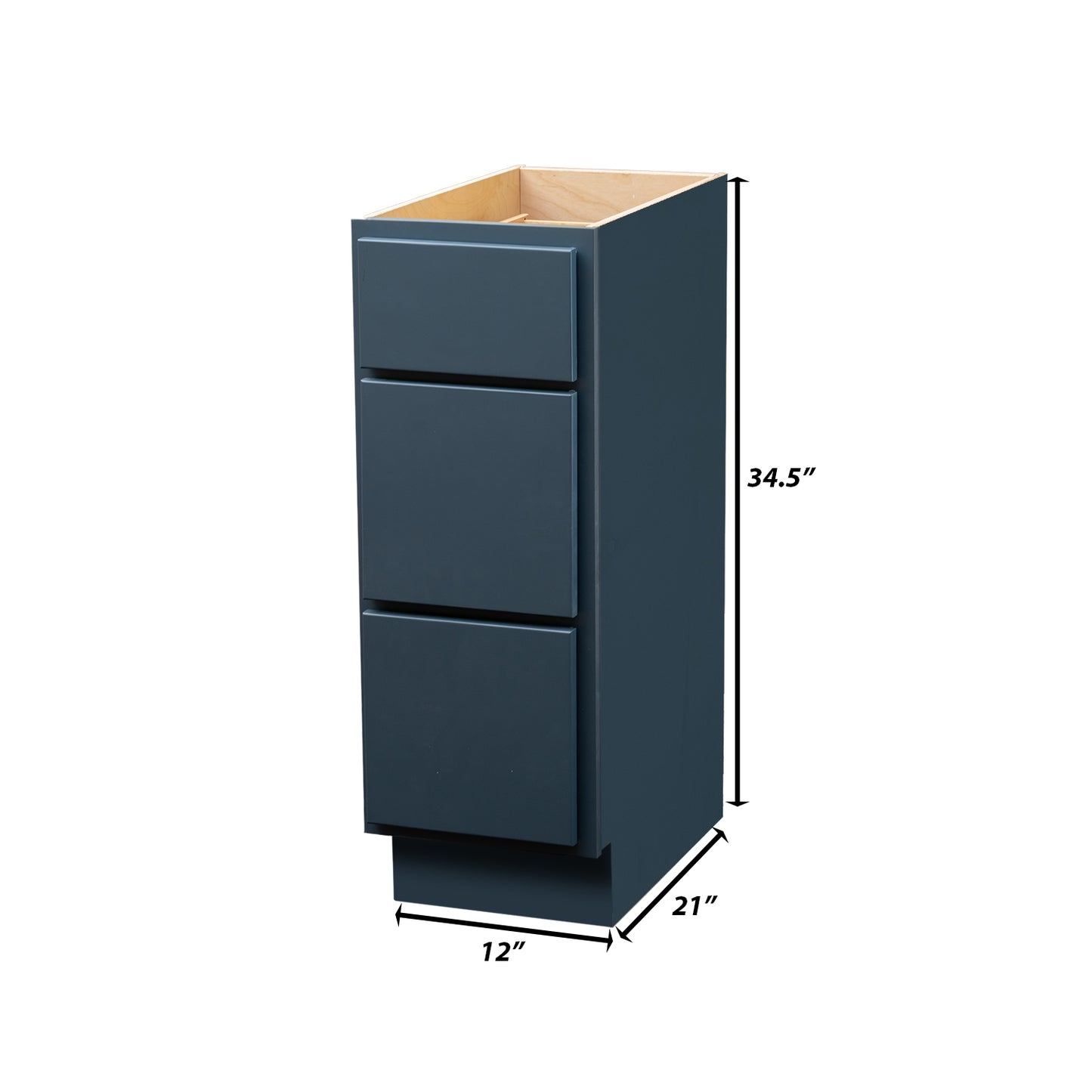 Backwoods Cabinetry RTA (Ready-to-Assemble) VB1234.21.3D - Needlepoint Navy 3 Drawer Vanity Base Cabinet | 12"Wx34.5"Hx21"D