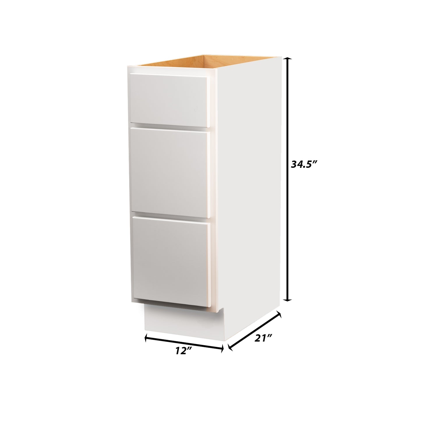 Backwoods Cabinetry RTA (Ready-to-Assemble) VB1234.21.3D - Pure White 3 Drawer Vanity Base Cabinet | 12"Wx34.5"Hx21"D