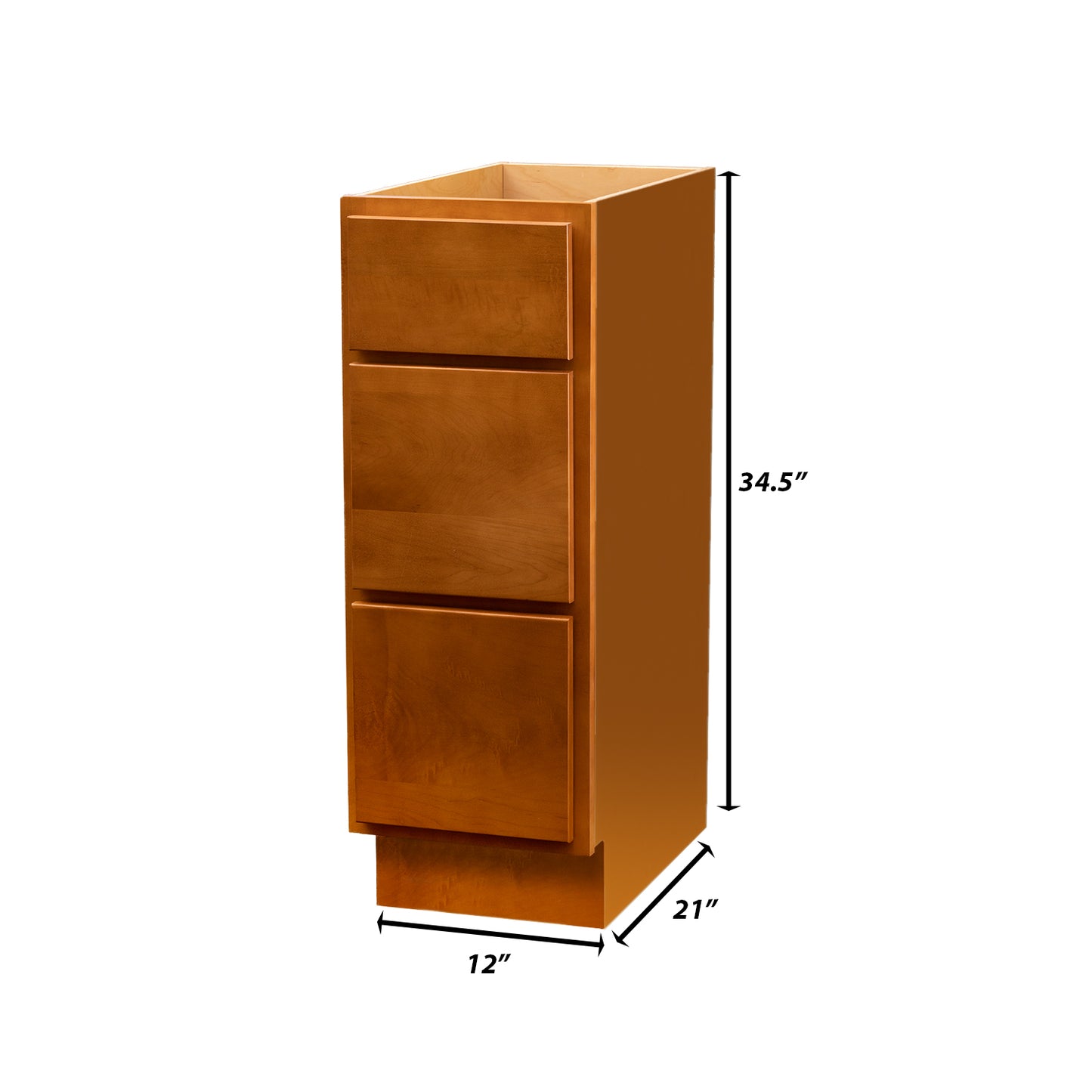 Backwoods Cabinetry RTA (Ready-to-Assemble) VB1234.21.3D - Provincial Stain 3 Drawer Vanity Base Cabinet | 12"Wx34.5"Hx21"D