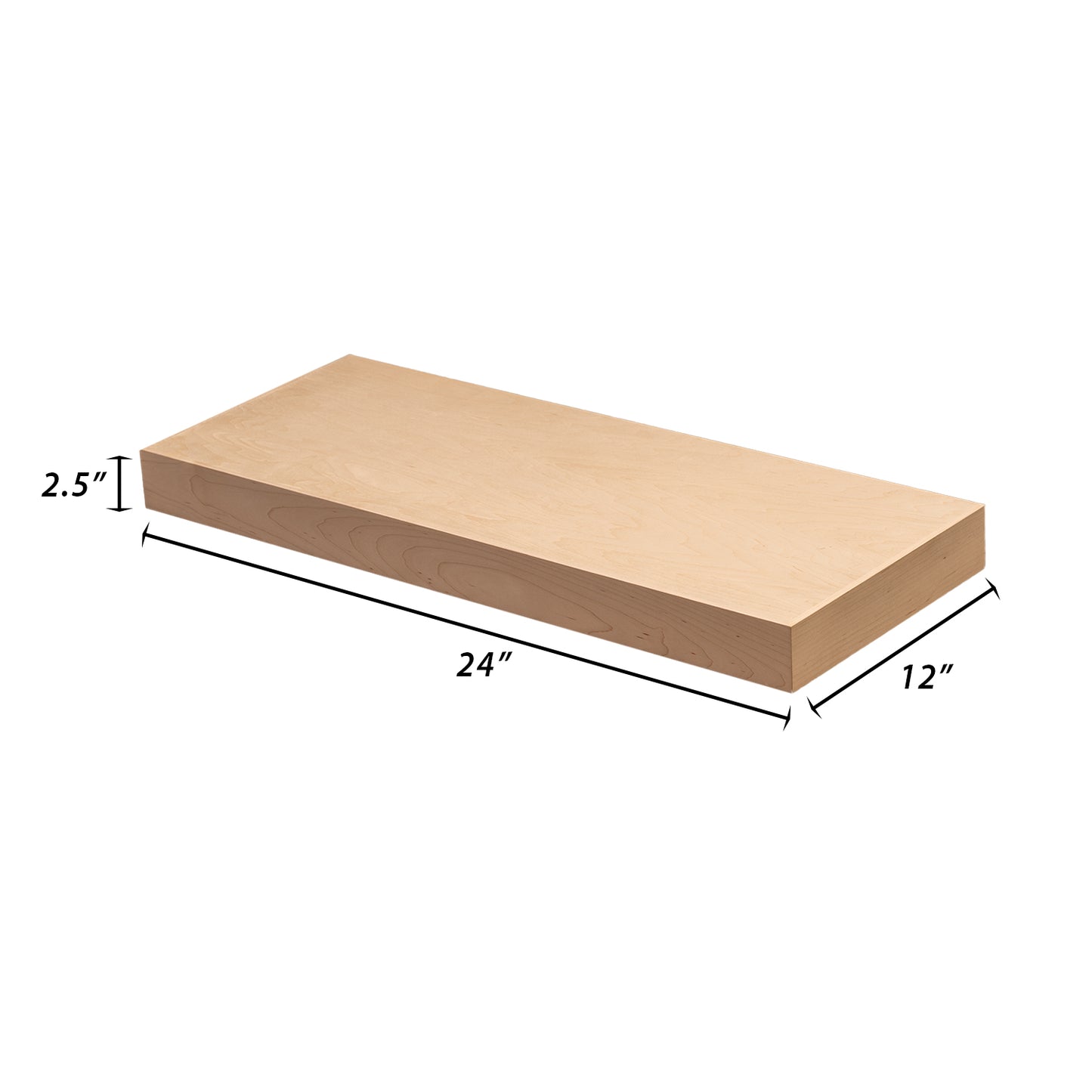 Backwoods Cabinets Floating Shelves | 2.5" Thick | Raw Maple , 12" D x 24" W x 2.5" H | American Made | Hardwood Bracket | Complete Shelf Unit