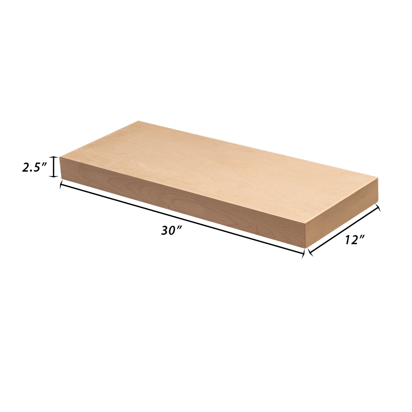 Backwoods Cabinets Floating Shelves | 2.5" Thick | Raw Maple , 12" D x 30" W x 2.5" H | American Made | Hardwood Bracket | Complete Shelf Unit