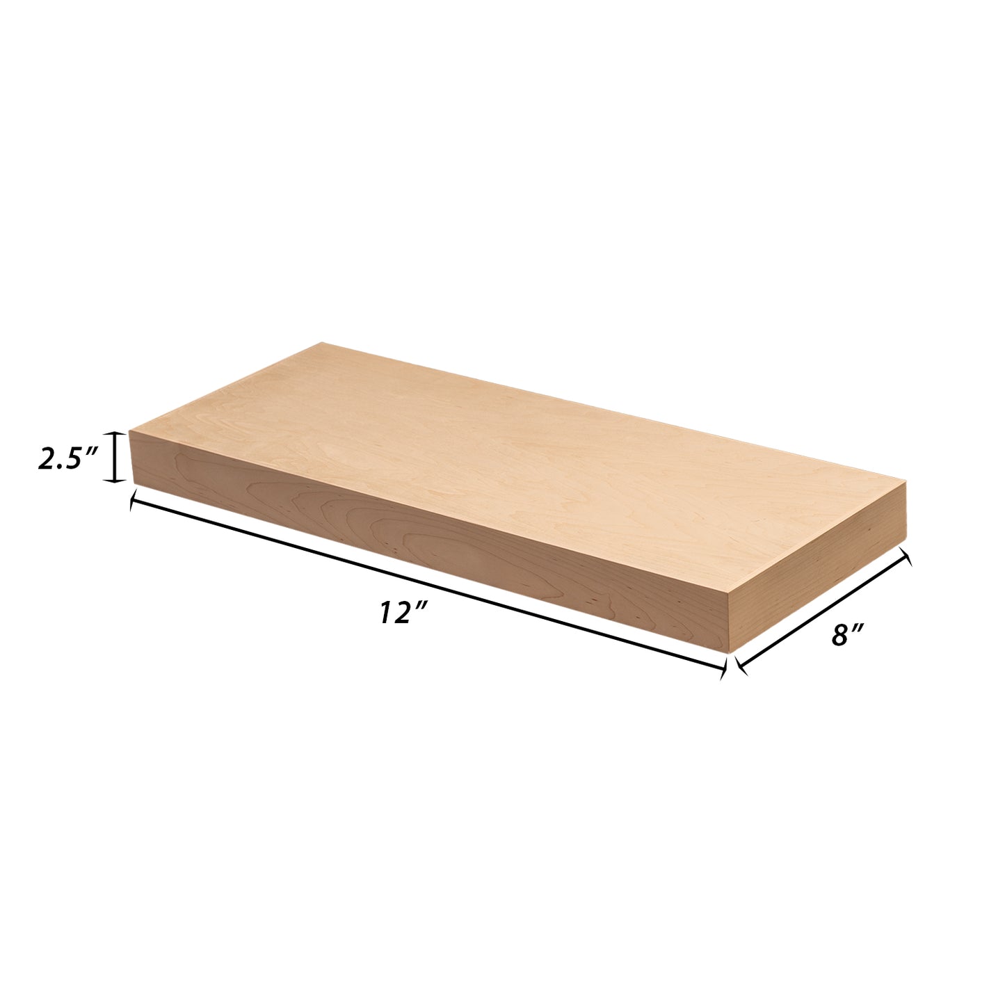 Backwoods Cabinets Floating Shelves | 2.5" Thick | Raw Maple , 8" D x 12" W x 2.5" H | American Made | Hardwood Bracket | Complete Shelf Unit
