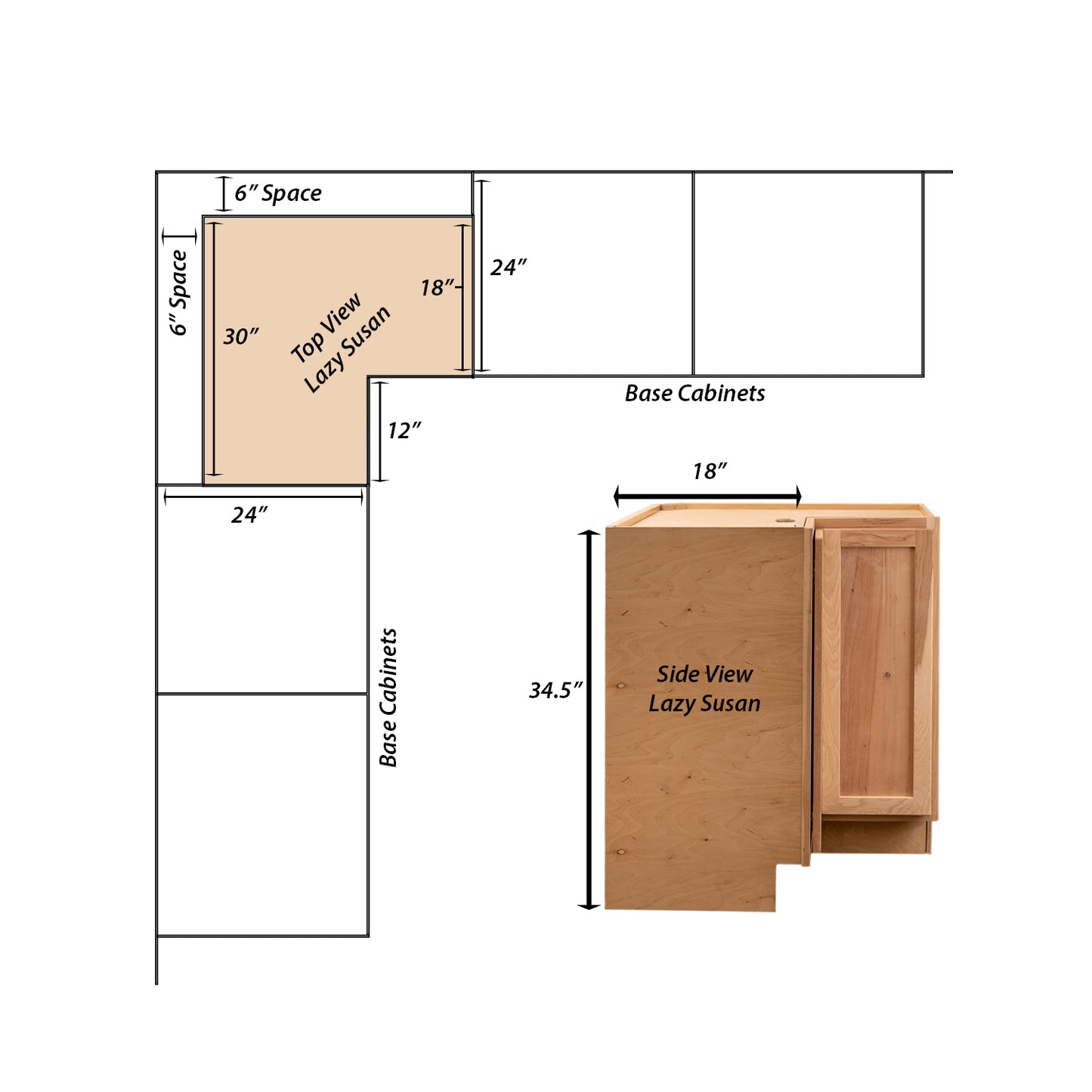 Backwoods Cabinetry RTA (Ready-to-Assemble) BLZS3030.18 - Raw Hickory Lazy Susan Cabinet | 18"D x 30" W x 34.5"