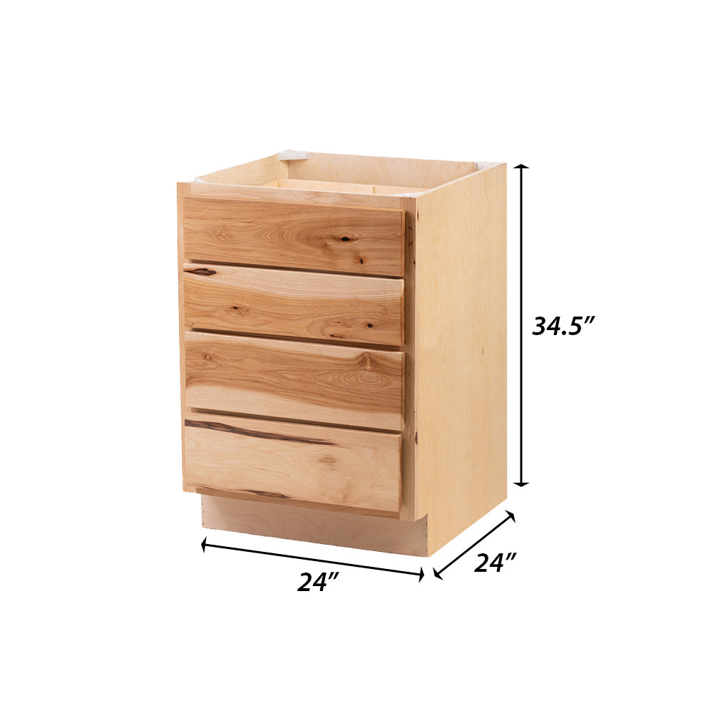 Backwoods Cabinetry RTA (Ready-to-Assemble) B24.4D Raw Hickory 4 Drawer 24" Base Cabinet | 24"Wx34.5"Hx24"D