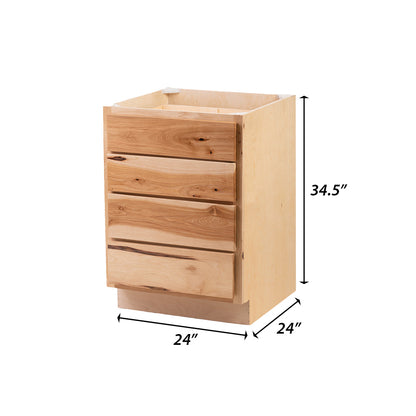 Backwoods Cabinetry RTA (Ready-to-Assemble) B24.4D Raw Hickory 4 Drawer 24" Base Cabinet | 24"Wx34.5"Hx24"D