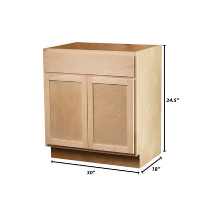 Backwoods Cabinetry RTA (Ready-to-Assemble) VSB30.34.18 - Raw Maple Vanity Base Cabinet | 30"Wx34.5"Hx18"D