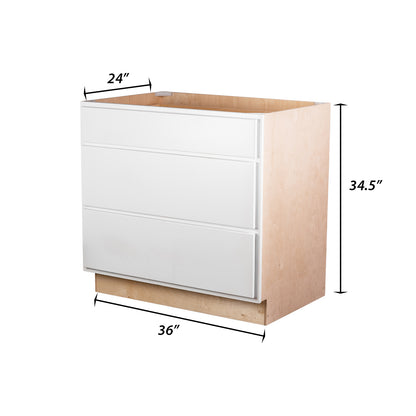 Backwoods Cabinetry RTA (Ready-to-Assemble) B36.3D - Pure White 3 Drawer 36" Pots and Pans Base Cabinet | 36"Wx34.5"Hx24"D