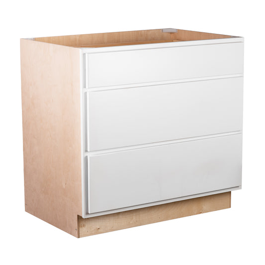 Backwoods Cabinetry RTA (Ready-to-Assemble) Pure White 3 Drawer 36" Pots and Pans Base Cabinet | 36"Wx34.5"Hx24"D