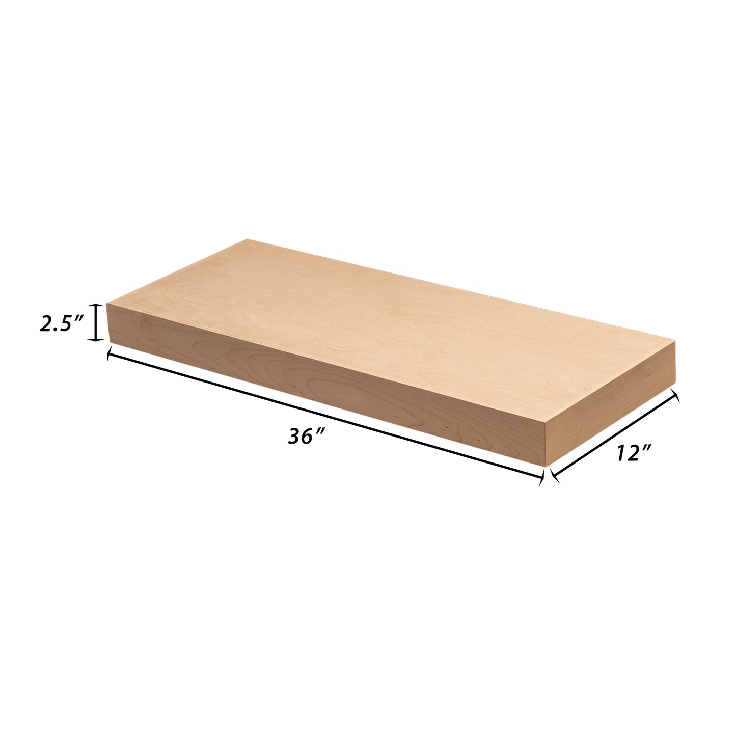 Backwoods Cabinets Floating Shelves | 2.5" Thick | Raw Maple , 12" D x 36" W x 2.5" H | American Made | Hardwood Bracket | Complete Shelf Unit