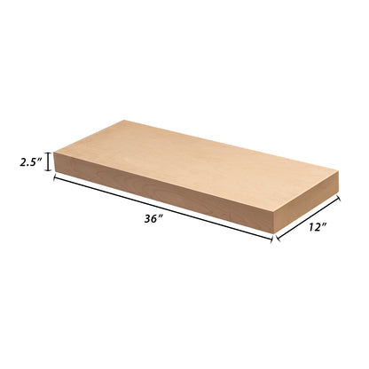 Backwoods Cabinets Floating Shelves | 2.5" Thick | Raw Maple , 12" D x 36" W x 2.5" H | American Made | Hardwood Bracket | Complete Shelf Unit