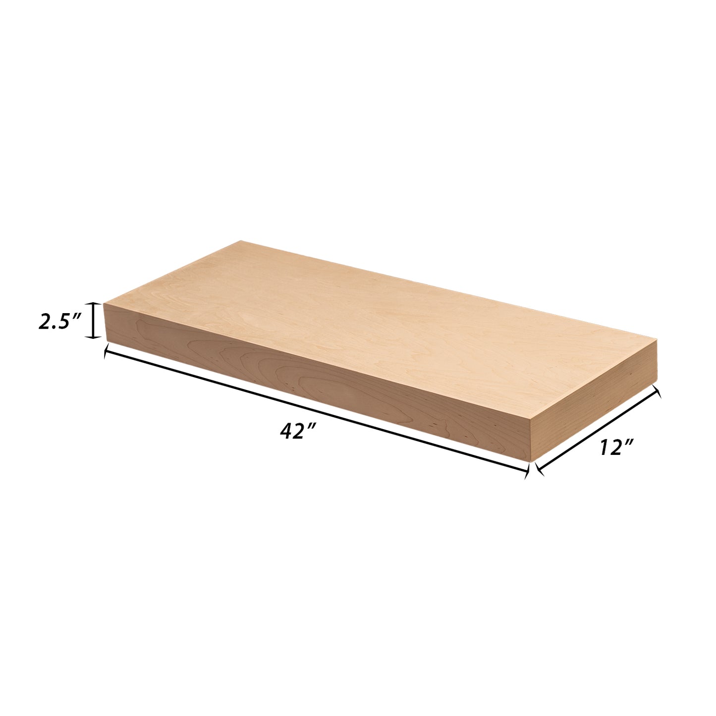 Backwoods Cabinets Floating Shelves | 2.5" Thick | Raw  Maple , 12" D x 42" W x 2.5" H | American Made | Hardwood Bracket | Complete Shelf Unit