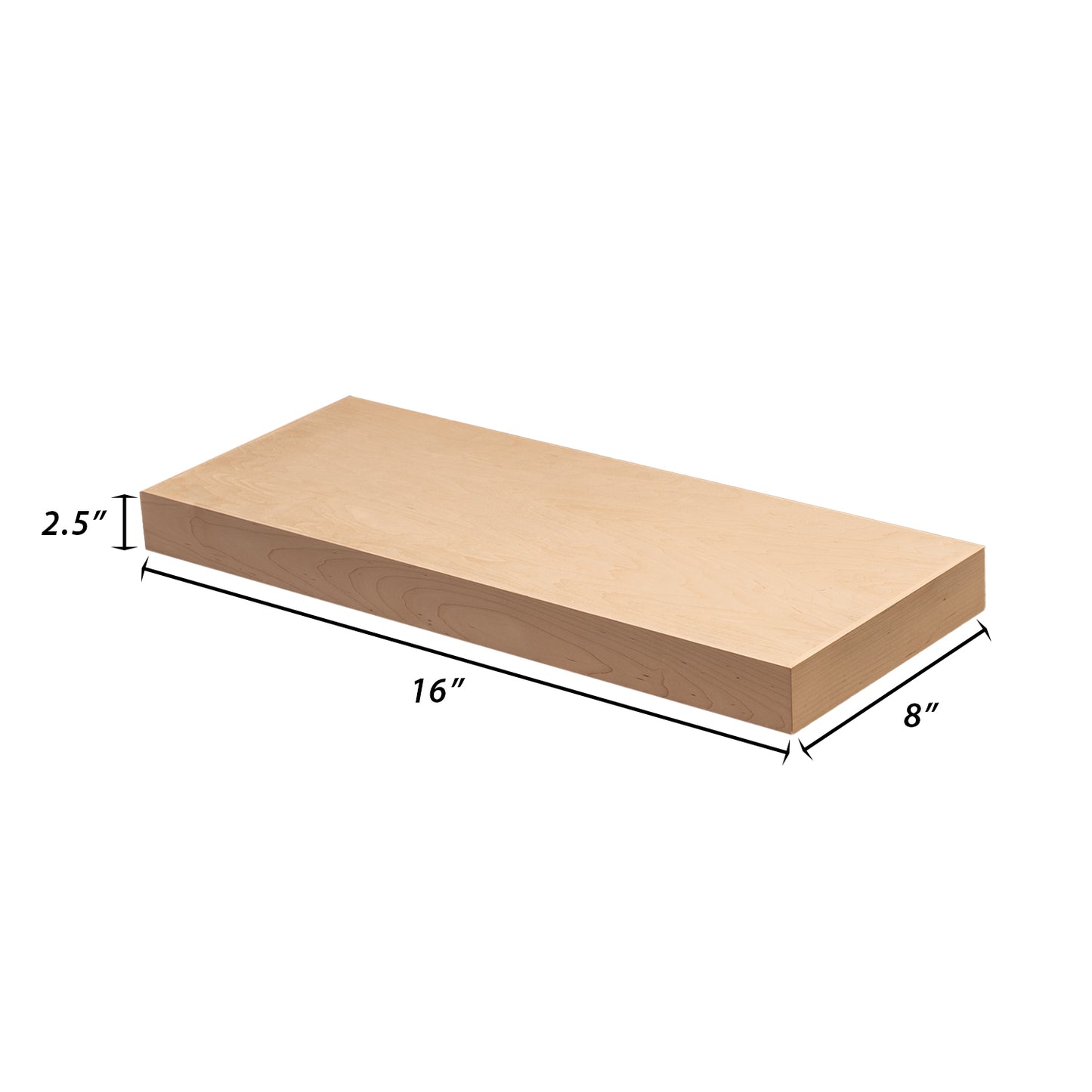 Backwoods Cabinets Floating Shelves | 2.5" Thick | Raw  Maple , 8" D x 16" W x 2.5" H | American Made | Hardwood Bracket | Complete Shelf Unit